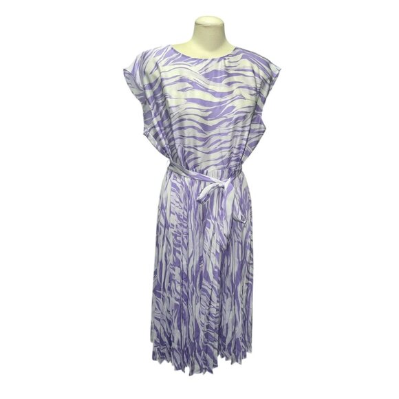 Nine West Womens XL Purple & White Zebra Print Pleated Midi Dress With Waist Tie - Picture 1 of 11